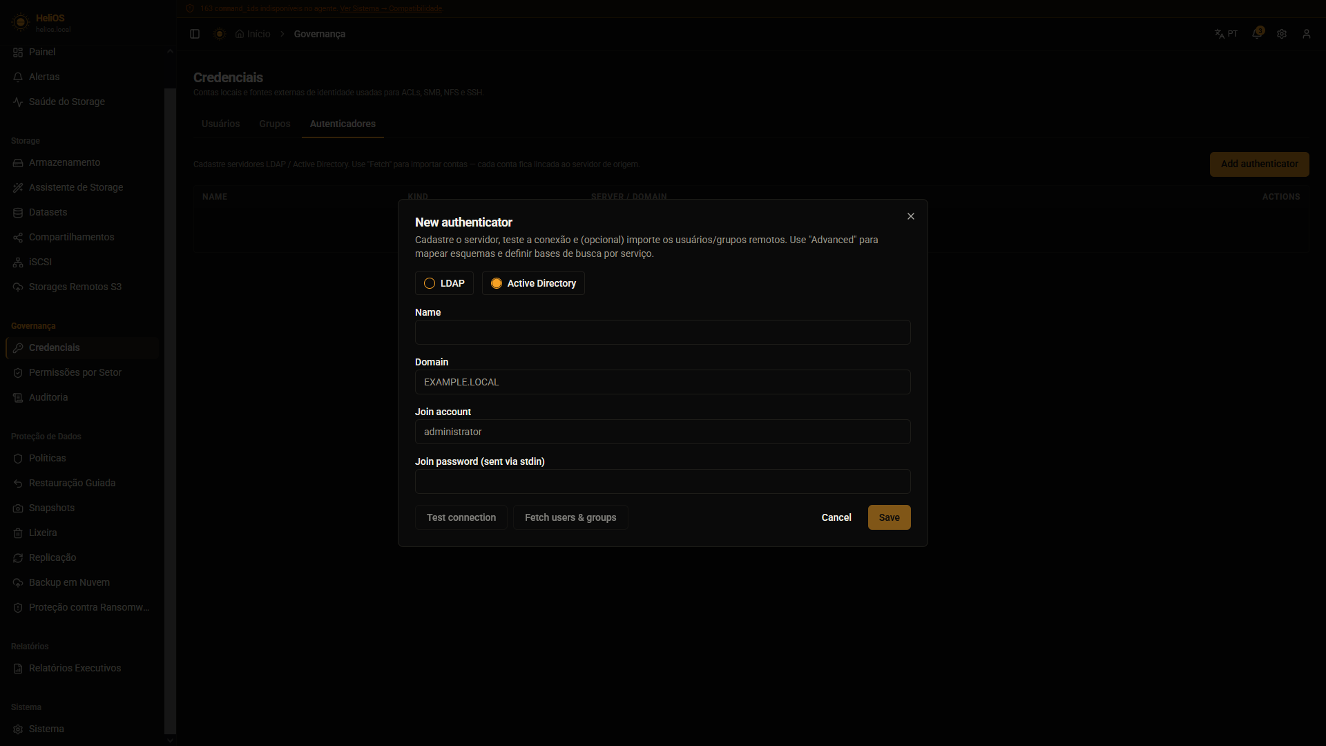 Tela de Autenticadores do HeliOS para cadastrar provedor LDAP ou Active Directory, com teste de conexão, importação com preview e aplicação no OmniOS via ldapclient, PAM e NSS