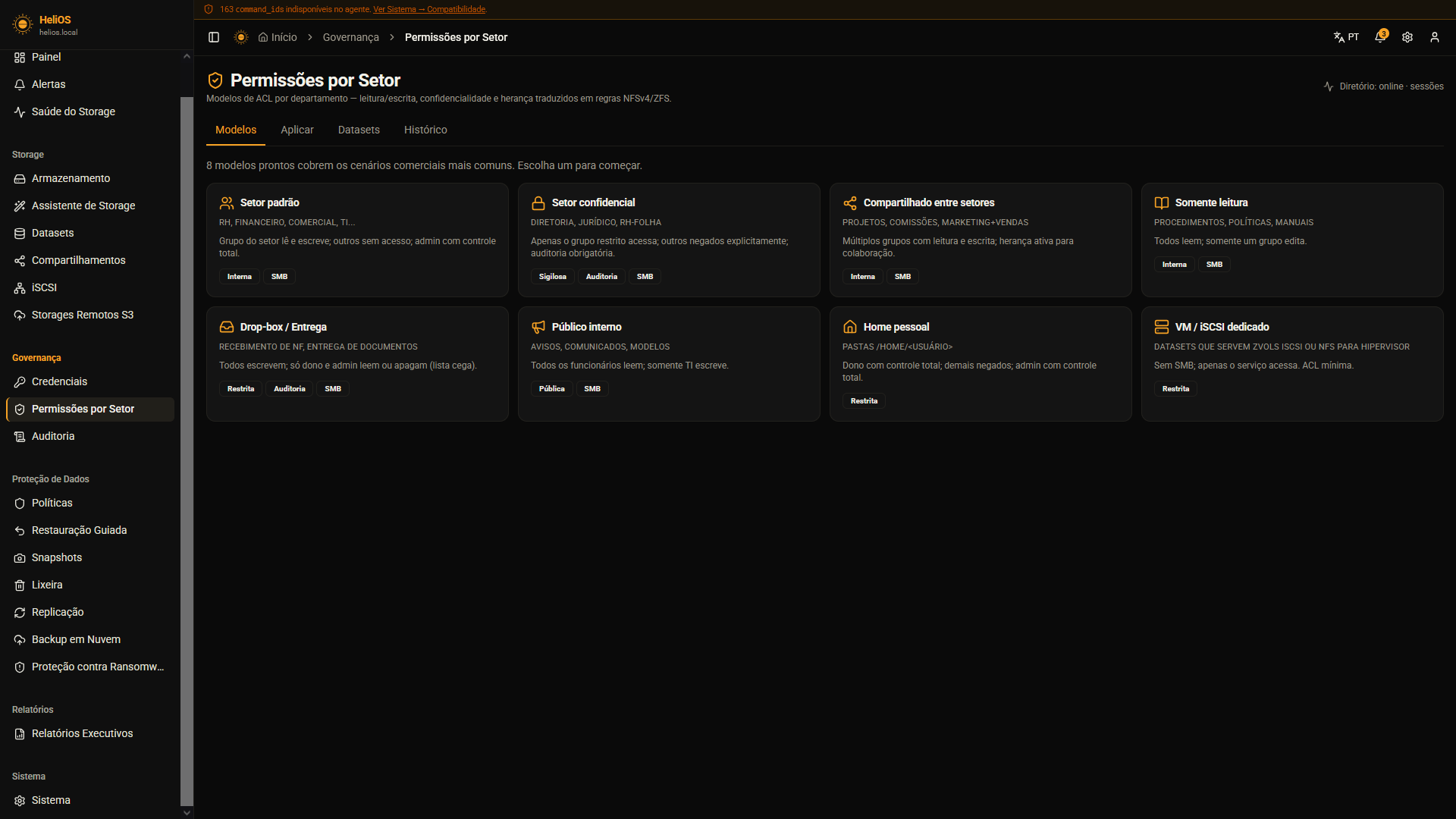 Tela de Permissões por Setor do HeliOS com modelos de ACL prontos, abas Modelos, Aplicar, Datasets e Histórico, e wizard guiado para RH, Financeiro, Diretoria e projetos compartilhados