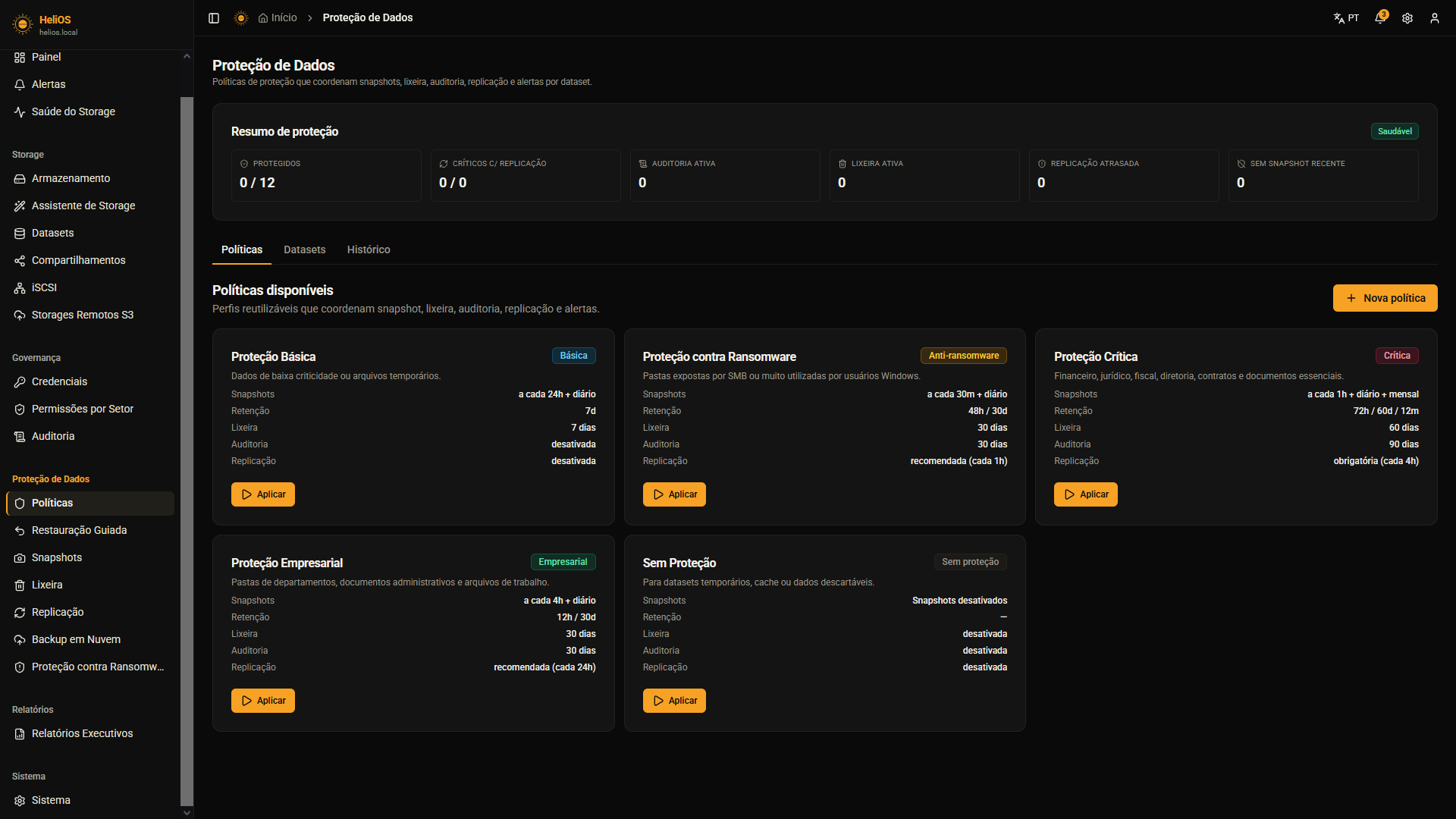 Tela de Proteção de Dados do HeliOS com políticas Básica, Anti-ransomware, Crítica e Empresarial, mostrando snapshots, retenção, lixeira, auditoria e replicação por perfil