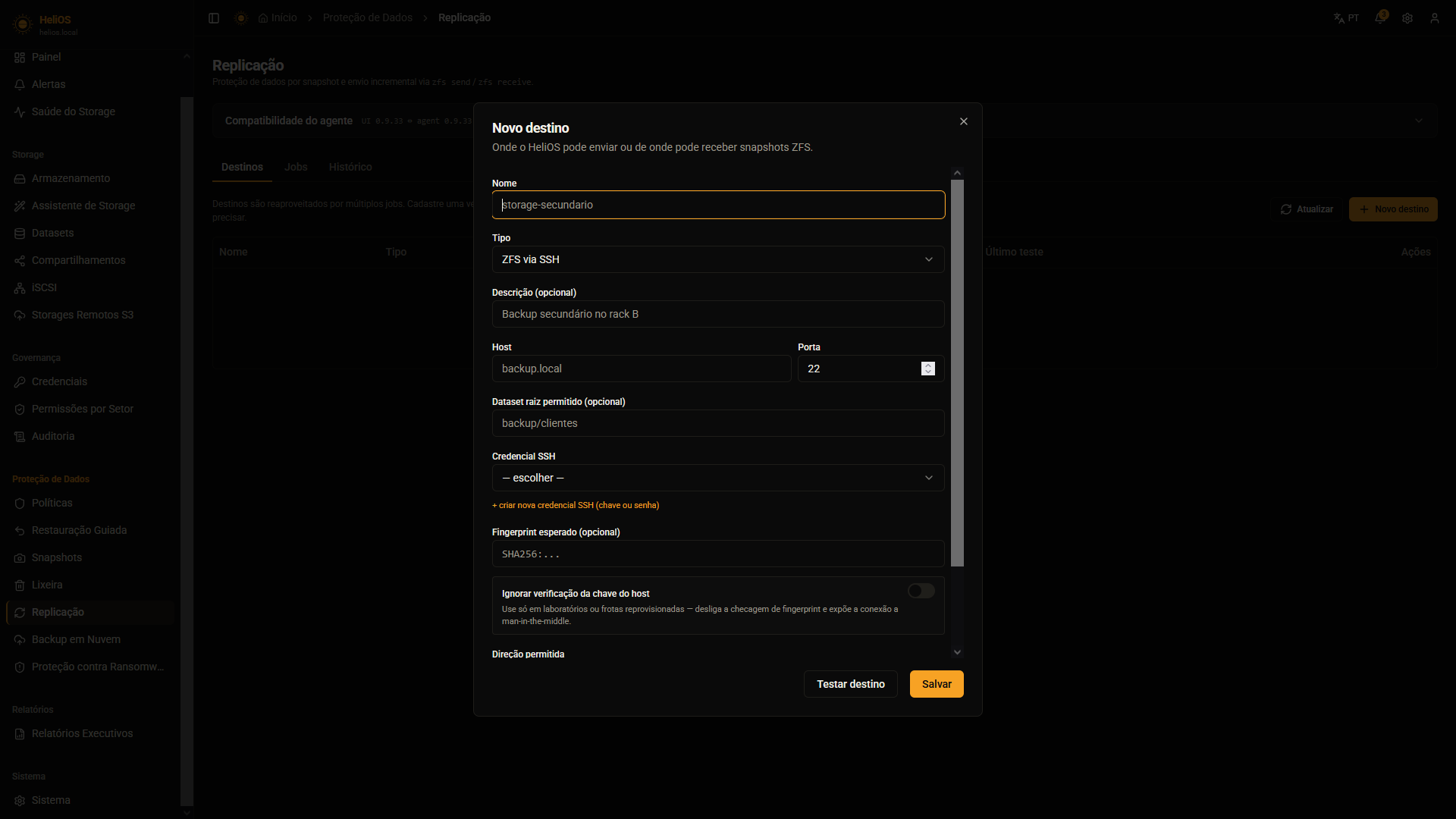 Tela de Replicação do HeliOS com cadastro de destino ZFS via SSH, incluindo host, porta, credencial e fingerprint
