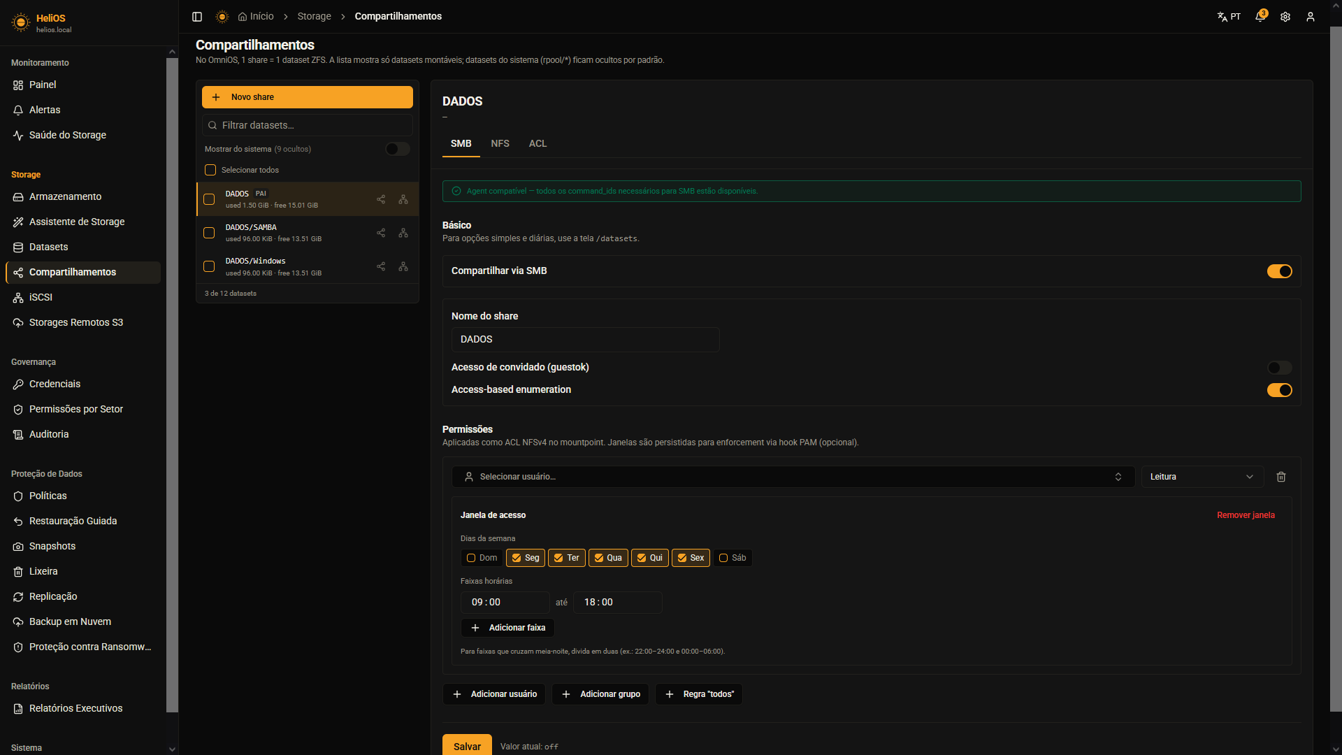 Tela de Compartilhamentos do HeliOS com edição de SMB/NFS/ACL, permissões por usuário e janela de acesso por dia da semana e horário
