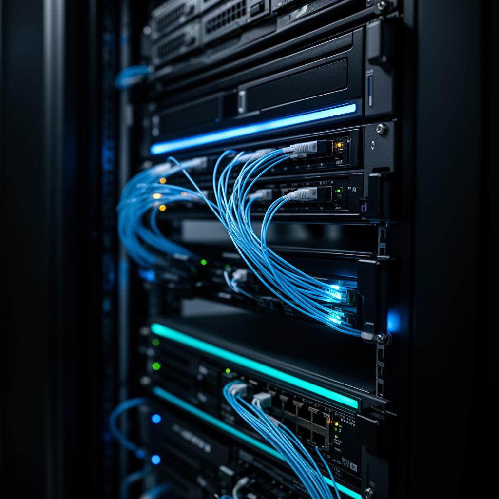Rack de servidores corporativos com iluminação azul em datacenter