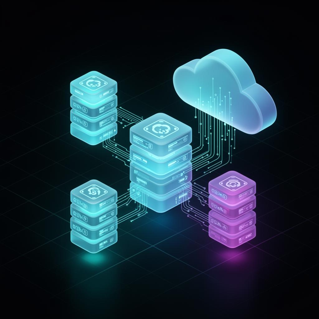 Ilustração isométrica de buckets de object storage conectados